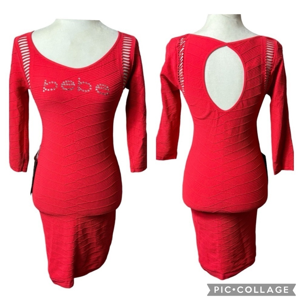 NWT Bebe Dress Tubular Keyhole 3/4 Sleeve Swarovski
Crystal Logo Bodycon M/L